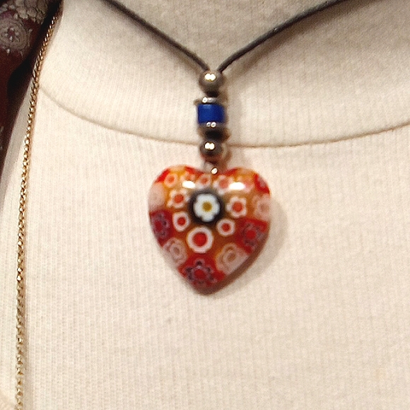 Jewelry - Vintage Floral Heart Glass Pendant on Slip Knot Cord